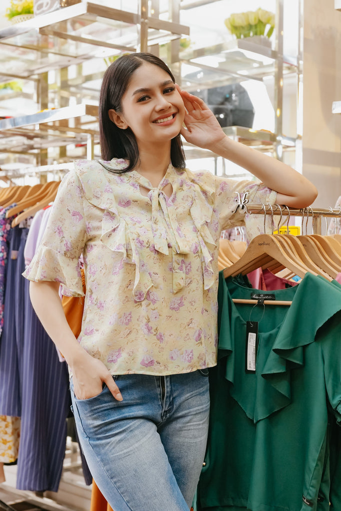5/8 Sleeves Round Neck Ruffled Floral