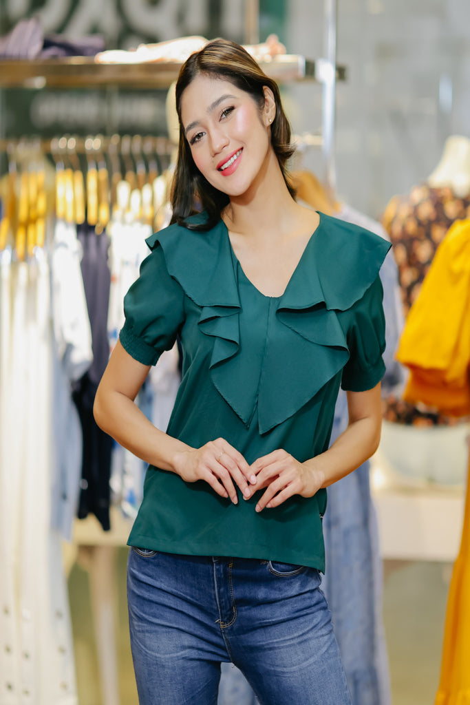 Short Sleeves V- Neck Ruffled Women's Blouse with Smock