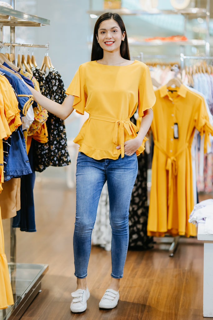 Short Sleeves Wide Neck Blouse with Ruffles 