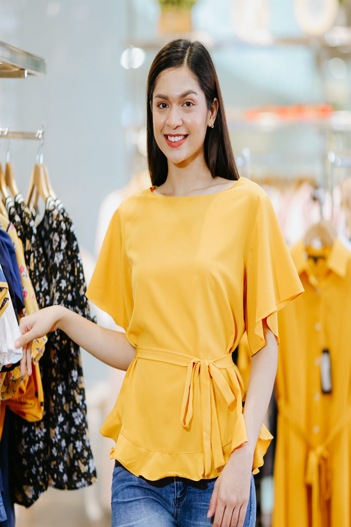 Short Sleeves Wide Neck Blouse with Ruffles 