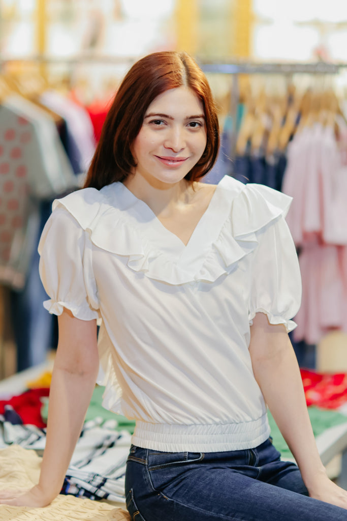 Short Sleeves V- Neck Women's Blouse with Ruffles Detail