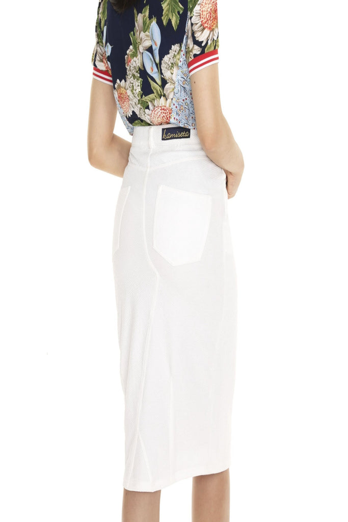 Below the knee pencil cut skirt with Kamiseta patch embro on back waist band