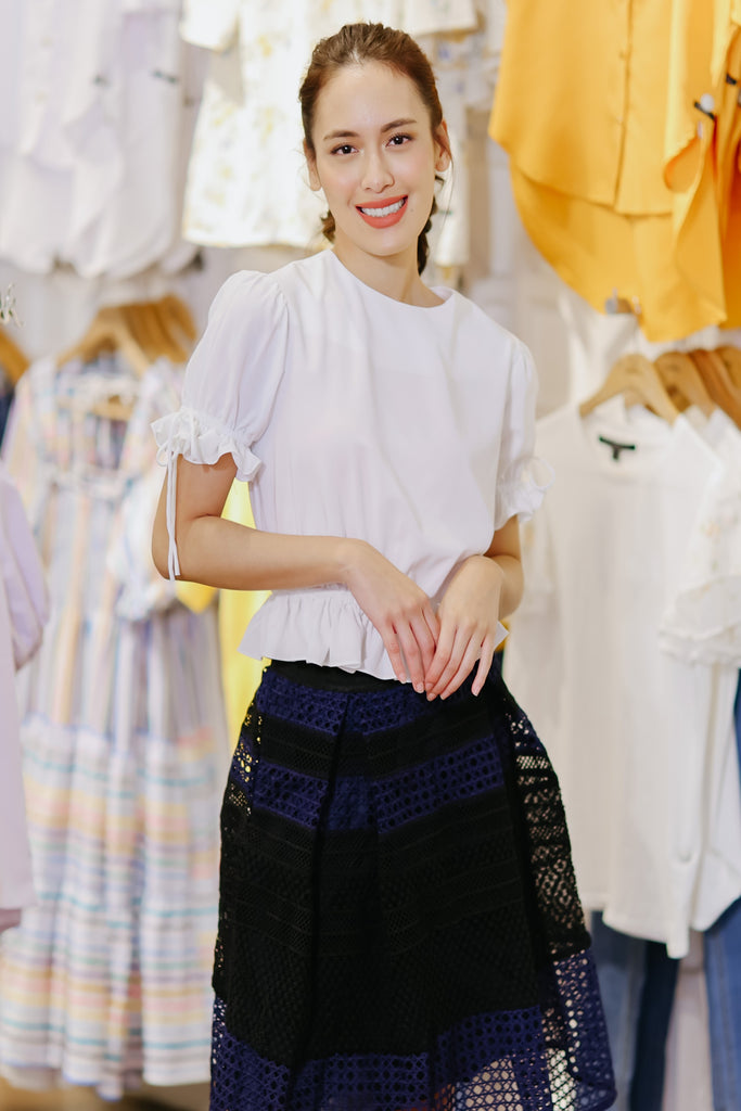 5/8 Sleeves Round Neck Crop Blouse with Tie