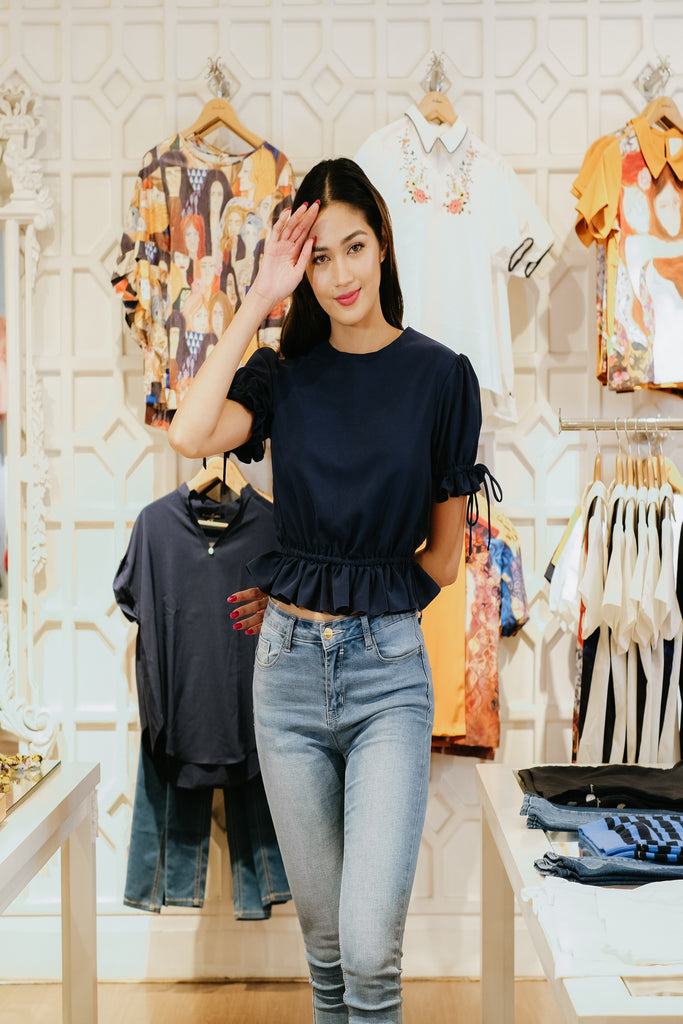 5/8 Sleeves Round Neck Crop Blouse with Tie