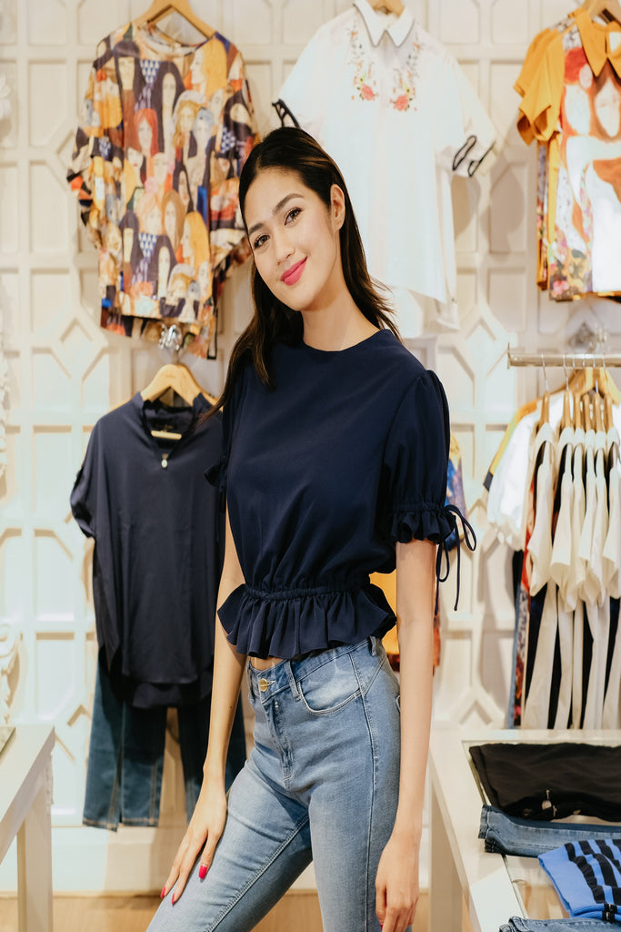5/8 Sleeves Round Neck Crop Blouse with Tie