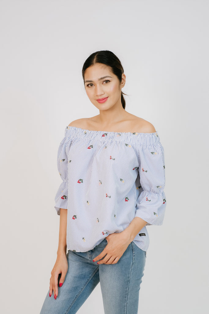 3/4 Sleeved Blouse Off - Shoulder  With Embroidery Details 