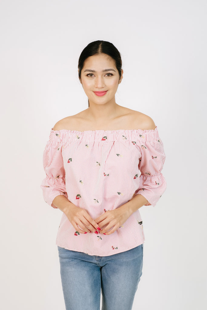 3/4 Sleeved Blouse Off - Shoulder  With Embroidery Details 