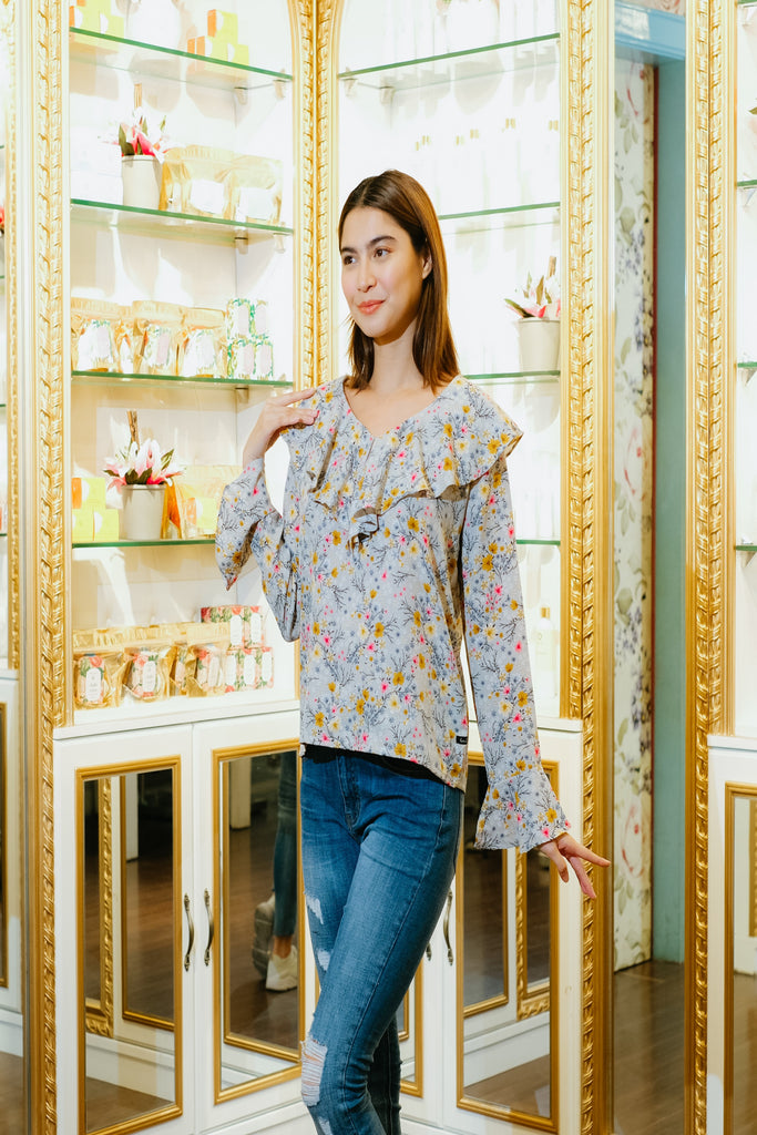 Long Sleeve Square Neck Women's Blouse With Ruffle