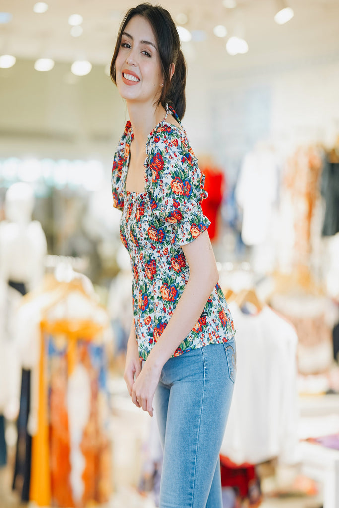WB - RENILDA Short sleeves square neck floral blouse