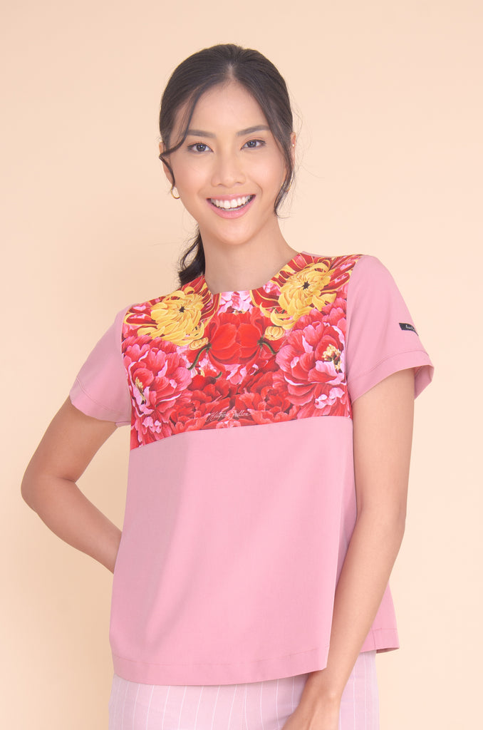 KPB-ANTHEA-PINK1 Short sleeves round neck blouse with floral print