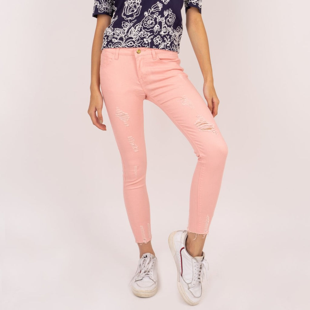 WP-ALICE-PINK-FRONT 5 Pocket ripped jeans with heart patch detail on back