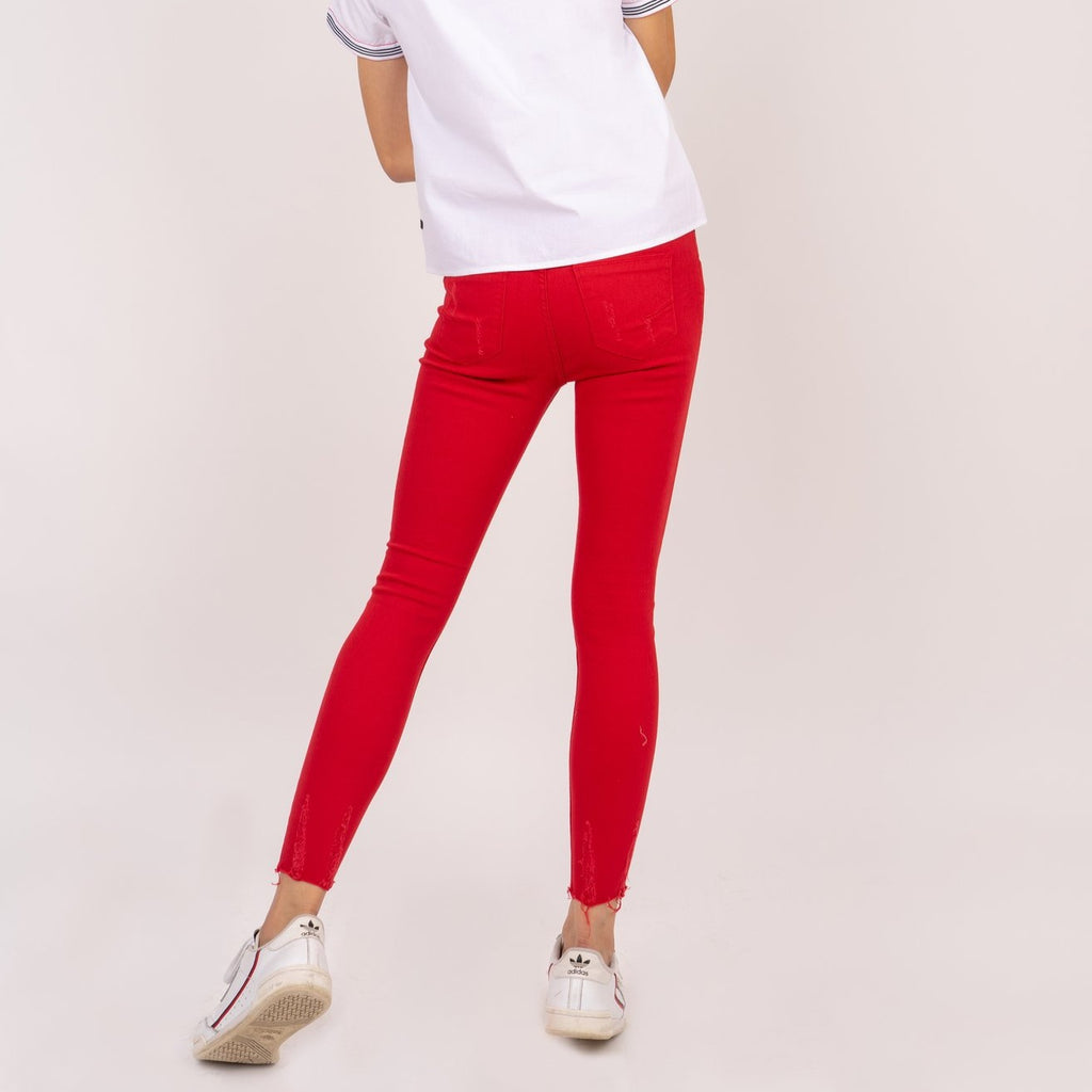 WP-ALICE-RED-BACK 5 Pocket ripped jeans with heart patch detail on back