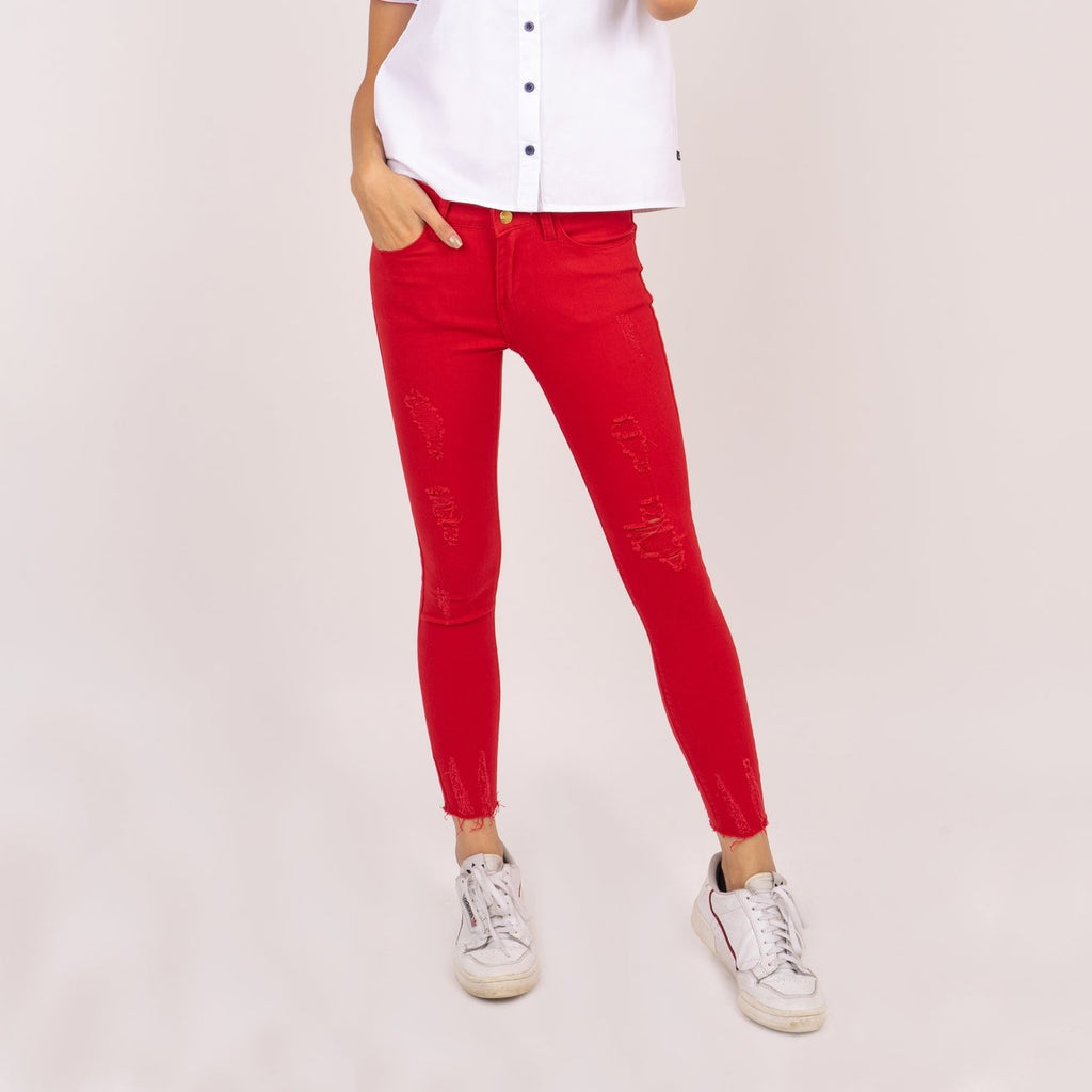 WP-ALICE-RED-FRONT 5 Pocket ripped jeans with heart patch detail on back